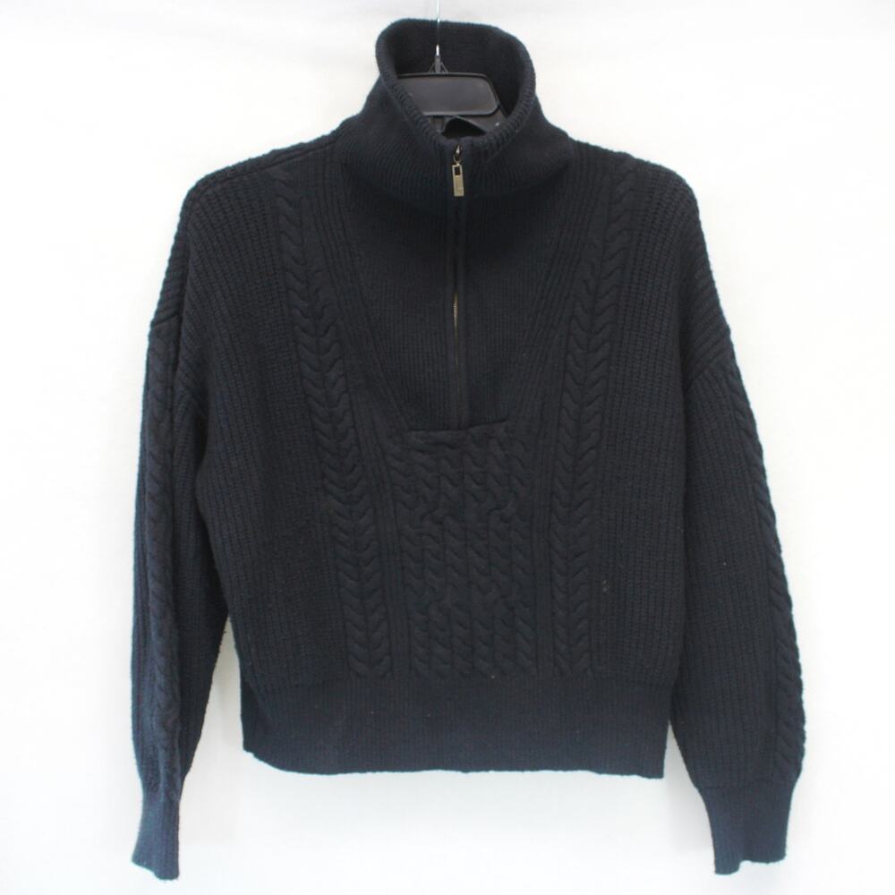 Nili Lotan Vtg Black Cotton Blend Cable Knit Casual Pullover Sweater Zip Neck L